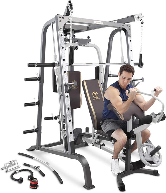 Pro Smith Cage Workout Machine Full Body Training Home Gym System with Leg Developer, Press Bar, Cable Crossovers and Squat Rack, White